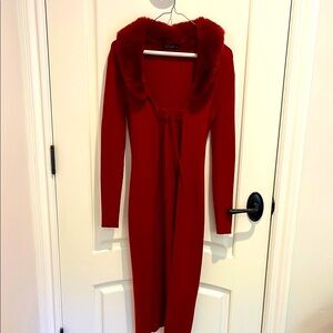 Red Ribbed Knit Duster Jacket  with Faux Fur Collar